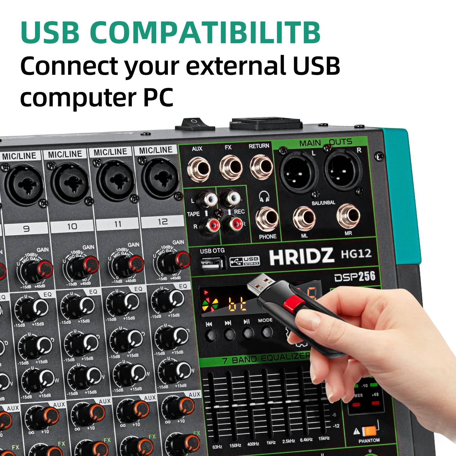 Hridz 12 Channel Professional Audio Mixer Console with Bluetooth, USB, 7-Band Equalizer, DSP Effects - HG12