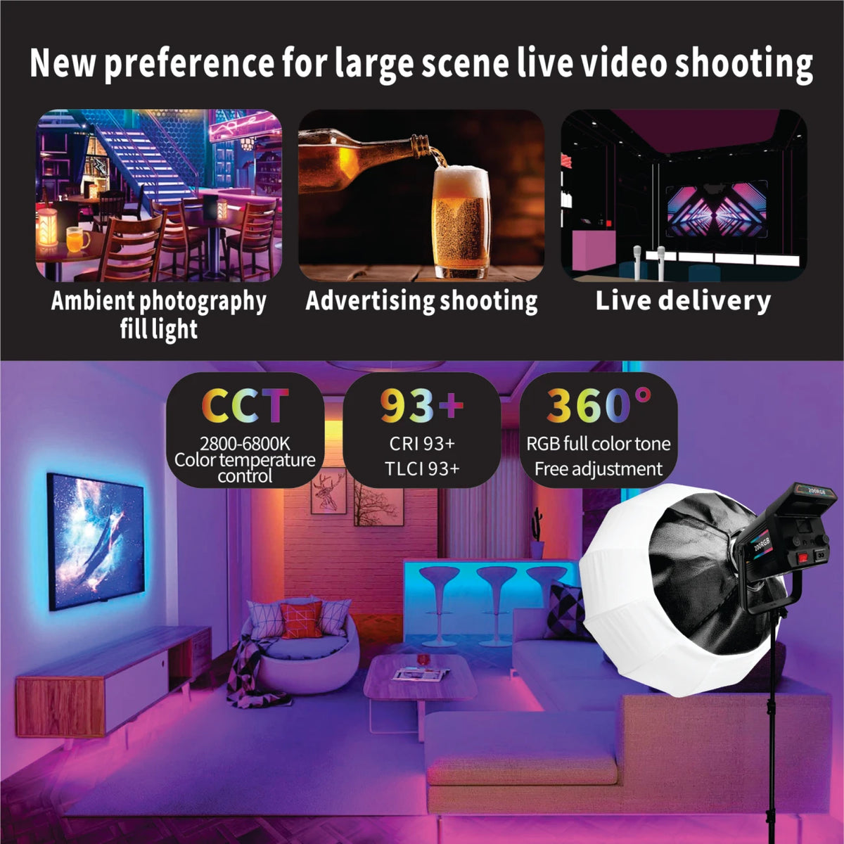 Hridz 200W RGB COB LED Video Light with Remote Control 2800K-6800K Studio Photography Lighting for YouTube Streaming Filmmaking