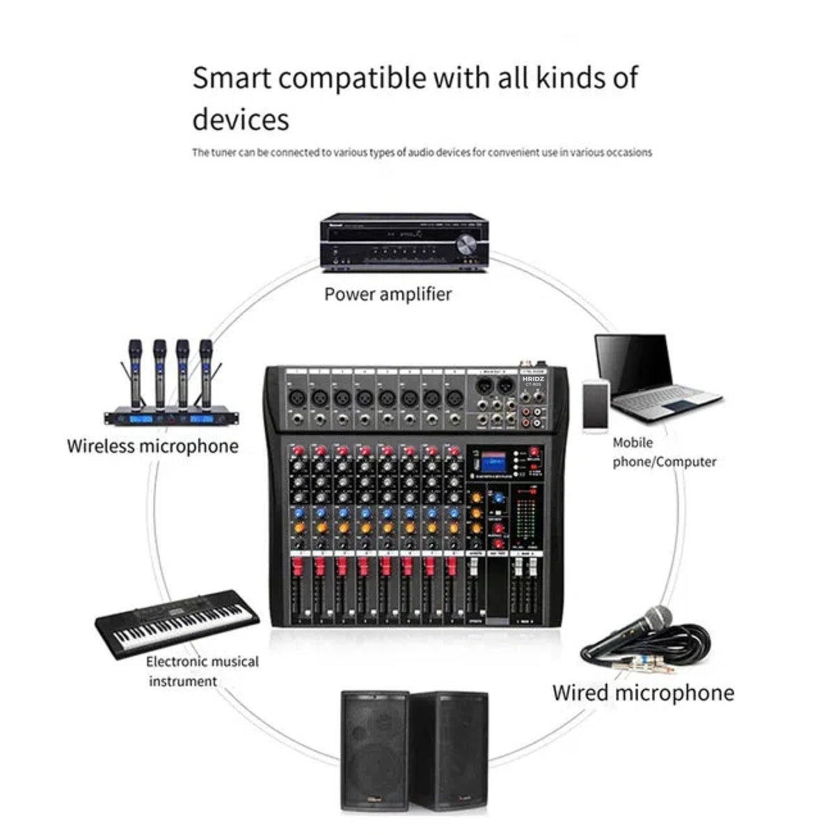 Hridz 8-Channel Audio Mixer with USB Sound Card & Bluetooth - Professional Studio Mixing for PC, DJ, Live Stage & Karaoke