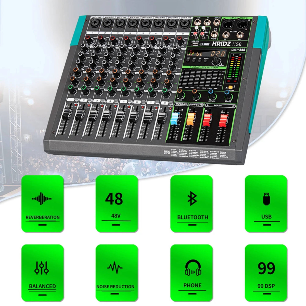Hridz Pro Audio Mixer Combo: HG8 8-Channel Stereo Mixer & UR-109 PRO Dual Wireless Microphones