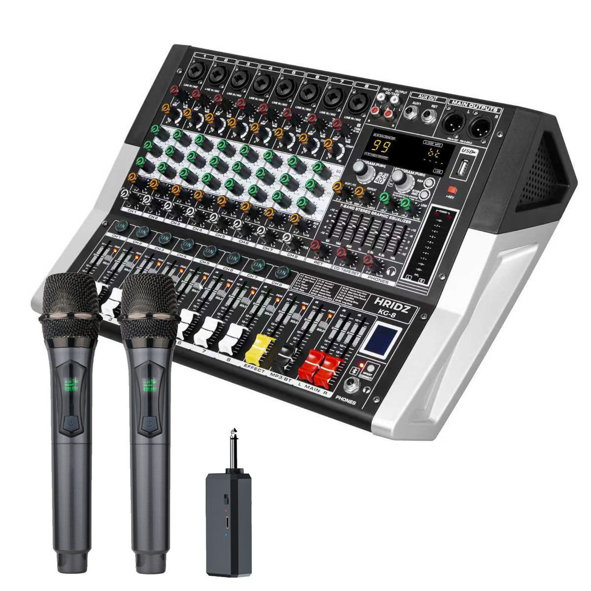 Hridz KG-8 Powered Mixer & U8 Dual Wireless Mic Bundle, 600W × 2