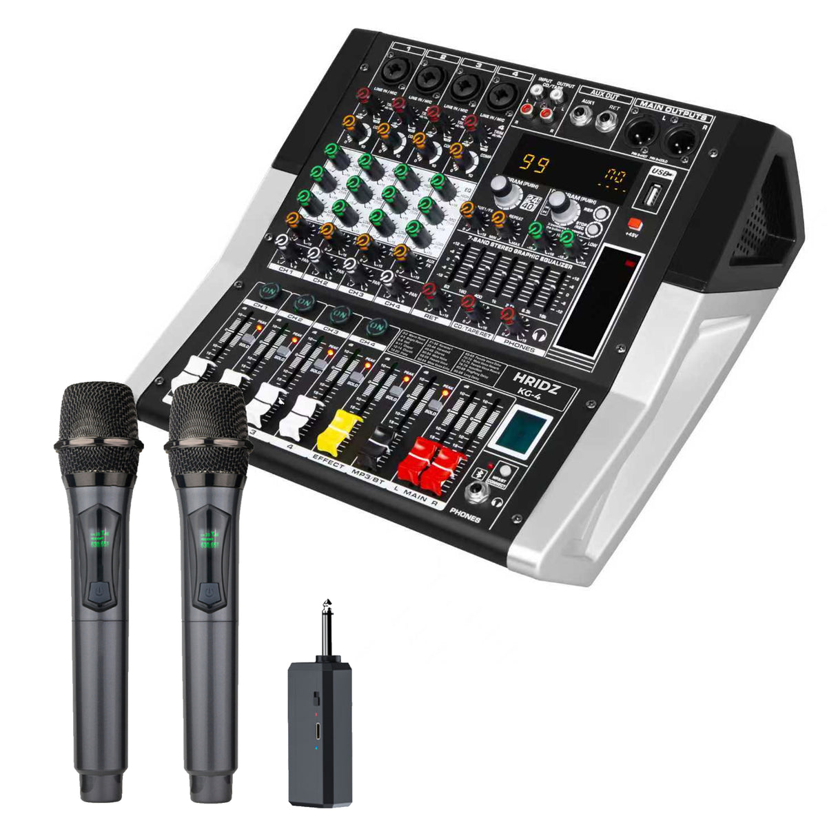 Hridz KG-4 powered audio mixer with two U8 wireless microphones and receiver bundle