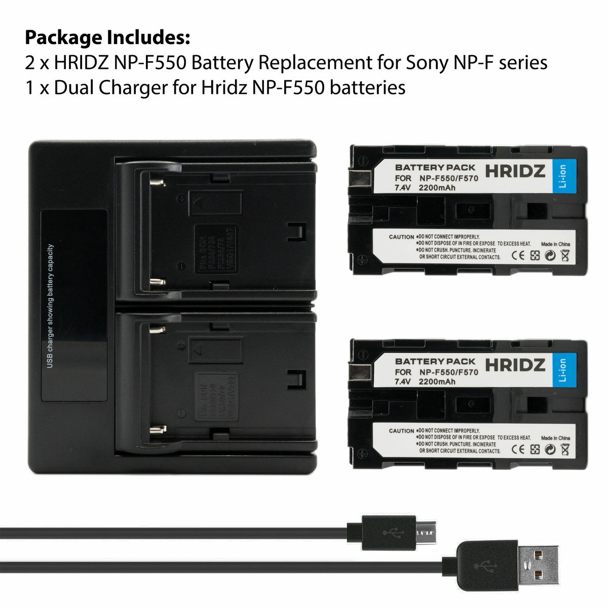 Hridz-NP-F550 2*Batteries & Dual Charger Compatible with Sony NPF 550 970 series