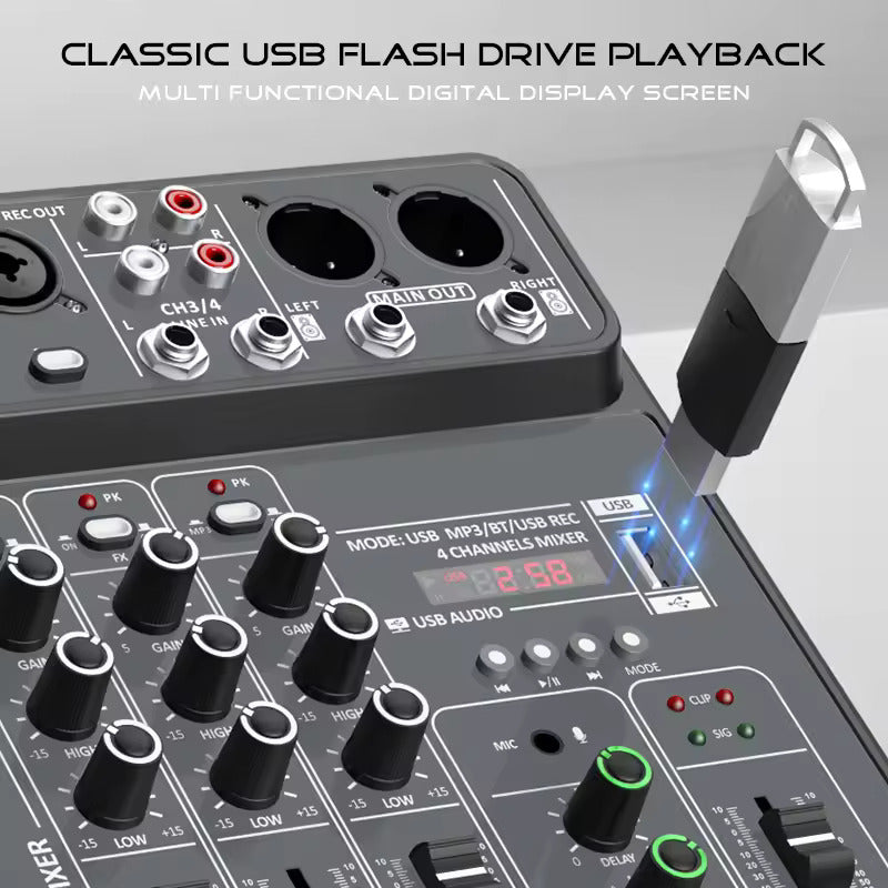 4 Channel Audio Sound Mixer 48V Phantom Power USB Studio Sound Mixers Bluetooth DJ Console Mixing