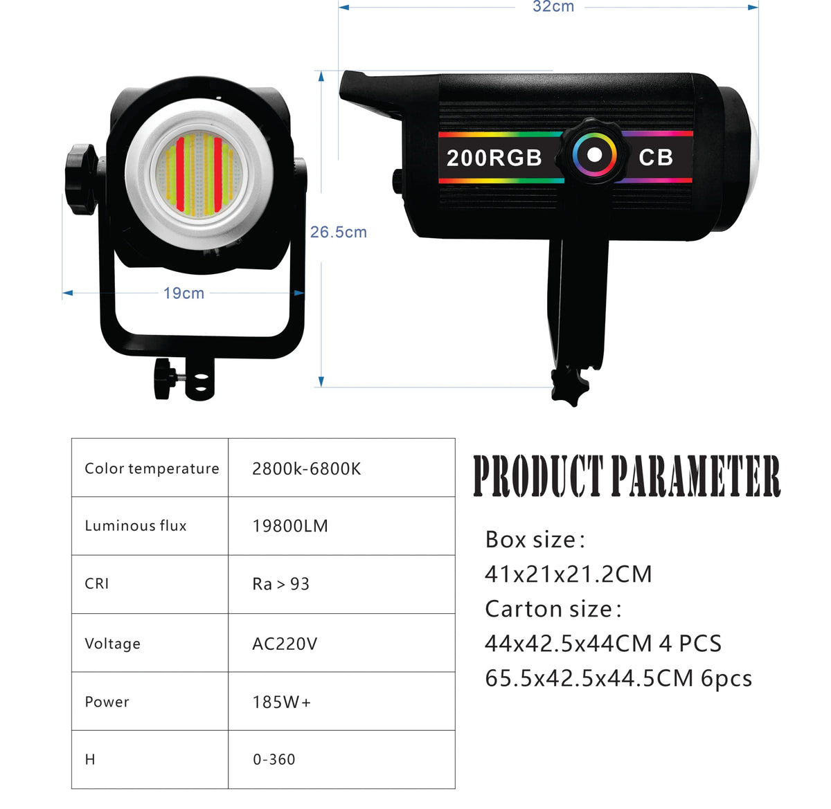 Hridz 200W RGB COB LED Video Light with Remote Control 2800K-6800K Studio Photography Lighting for YouTube Streaming Filmmaking