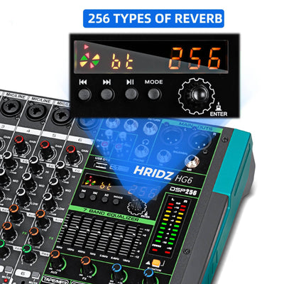 Hridz 6 Channel Professional Audio Mixer Console with Bluetooth, USB, 7 Band Equalizer & DSP Effects - HG6