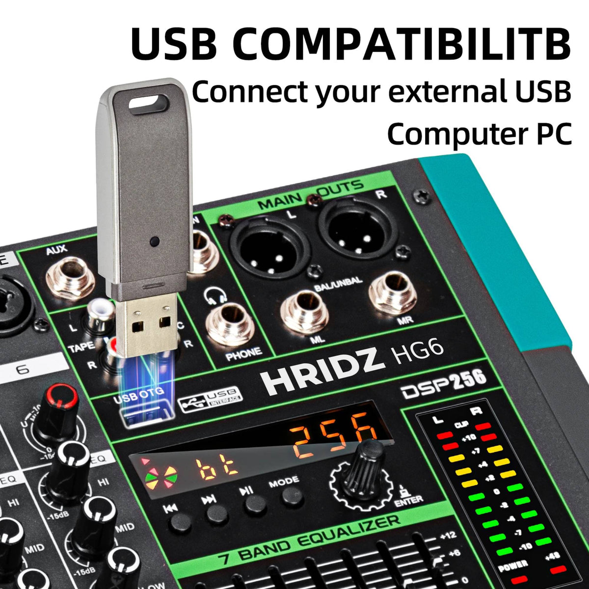 Hridz 6 Channel Professional Audio Mixer Console with Bluetooth, USB, 7 Band Equalizer & DSP Effects - HG6