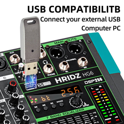 Hridz 6 Channel Professional Audio Mixer Console with Bluetooth, USB, 7 Band Equalizer & DSP Effects - HG6