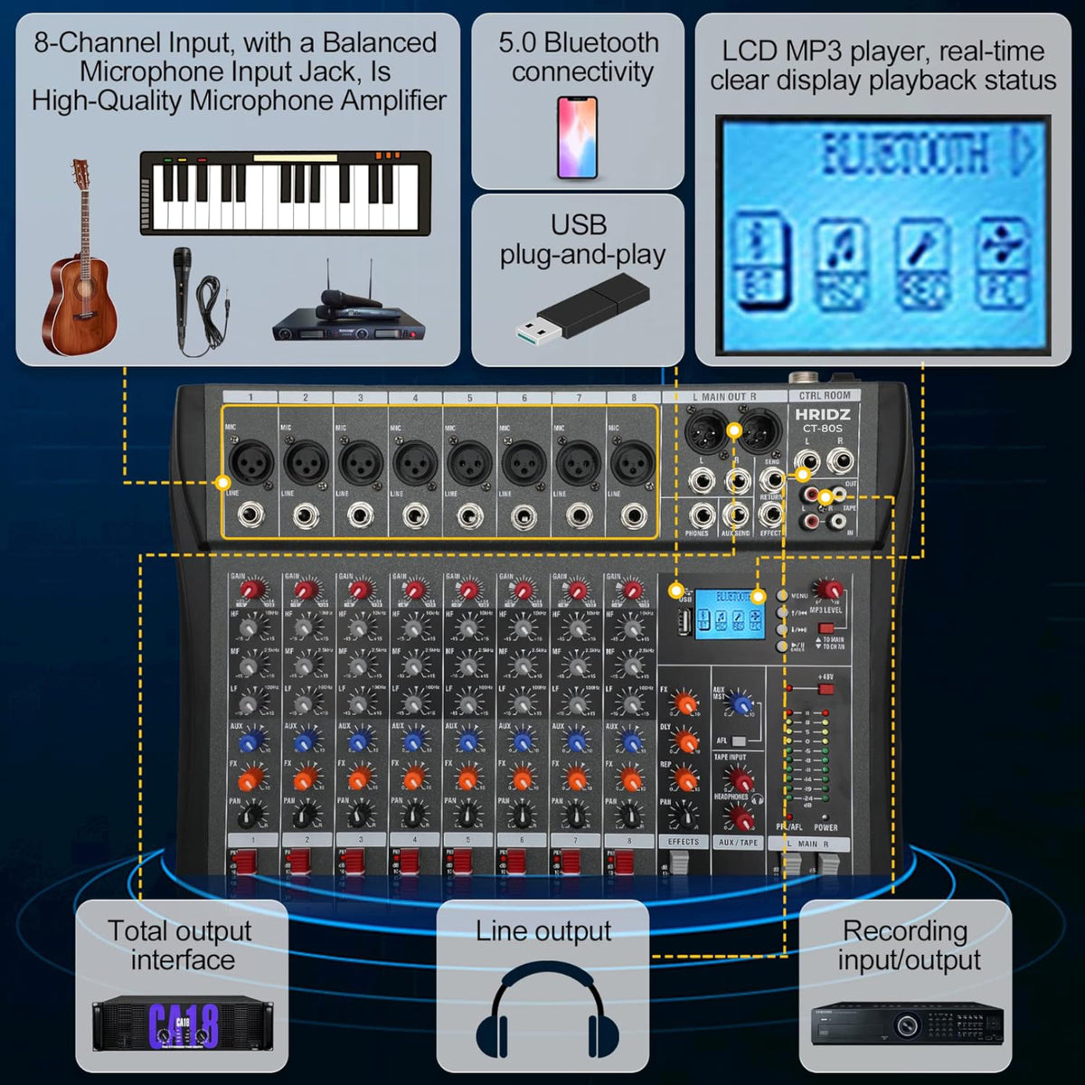 Hridz CT-80S 8-Channel Bluetooth Audio Mixer