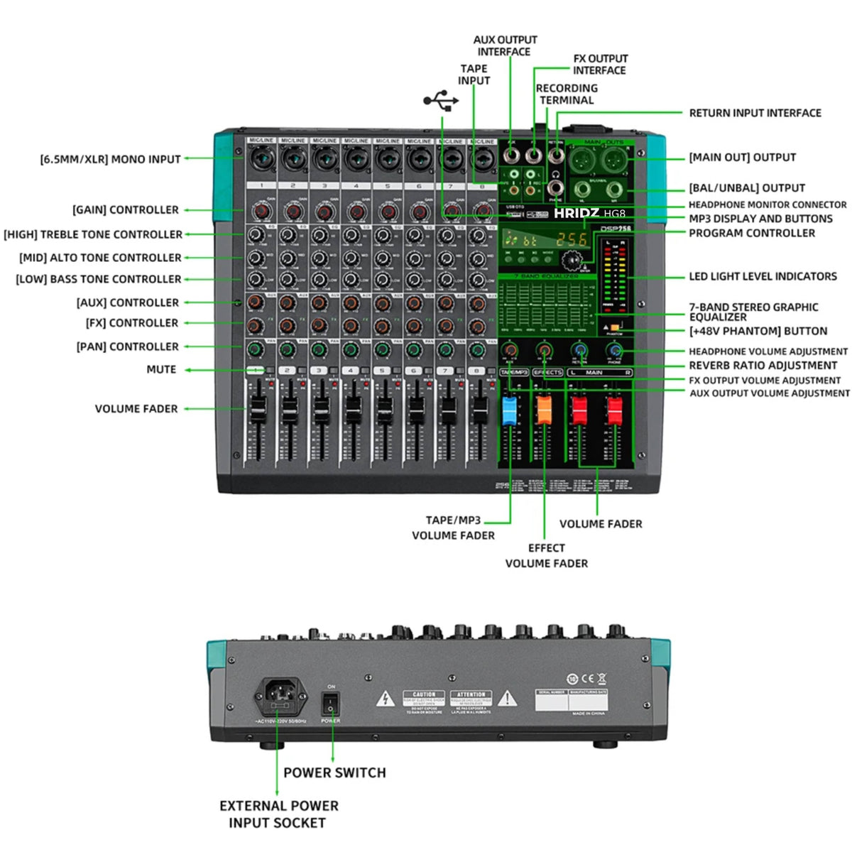 Hridz Pro Audio Mixer Combo: HG8 8-Channel Stereo Mixer & UR-109 PRO Dual Wireless Microphones