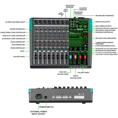 Hridz Pro Audio Mixer Combo: HG8 8-Channel Stereo Mixer & UR-109 PRO Dual Wireless Microphones