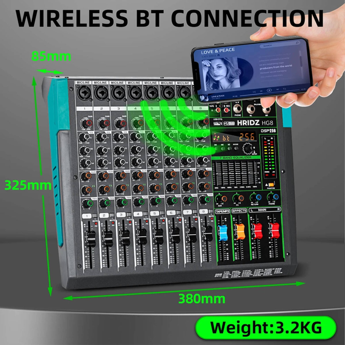 Hridz Pro Audio Mixer Combo: HG8 8-Channel Stereo Mixer & UR-109 PRO Dual Wireless Microphones