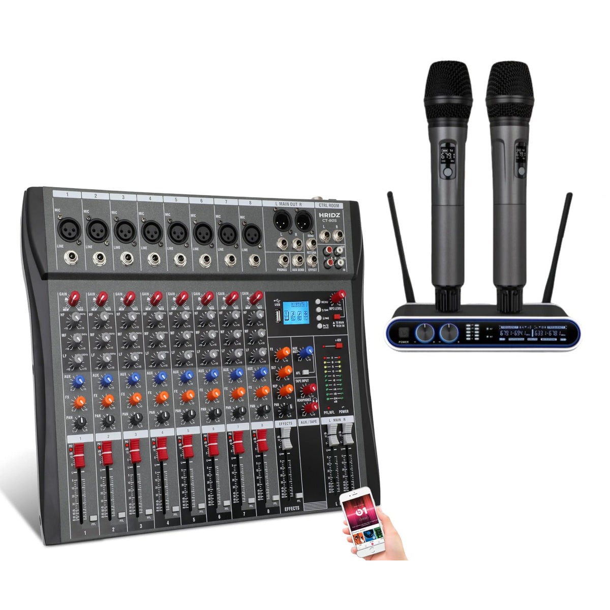 Hridz CT-80S 8-Channel Mixer & UHF Wireless Mic Bundle
