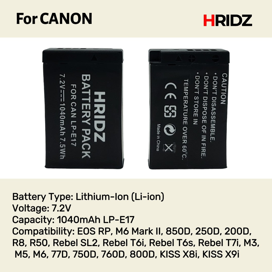 Hridz LP-E17 Battery & Charger Kit – 2 Batteries + Dual USB Charger for Canon EOS R8, R50, RP, M6, 200D, 77D, 800D