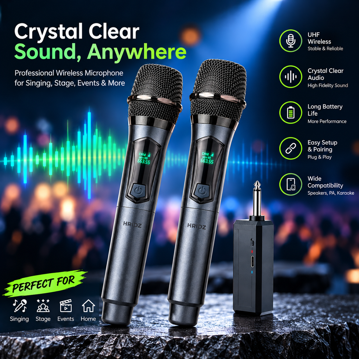 Hridz U8 2.4GHz Dual Wireless Microphone System – Rechargeable Mics & Receiver for Karaoke, DJ & Live Performances