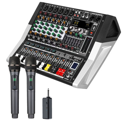 Hridz KG-6 powered audio mixer with two U8 wireless microphones and receiver bundle