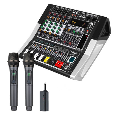 Hridz KG-4 powered audio mixer with two U8 wireless microphones and receiver bundle