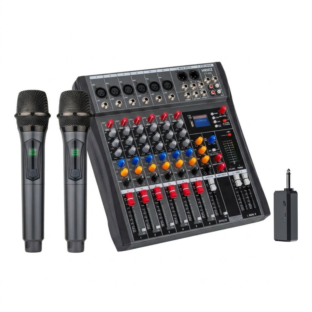 Hridz CT-60S 6 Channel Audio Mixer & U8 Dual Wireless Microphone Karaoke Bundle