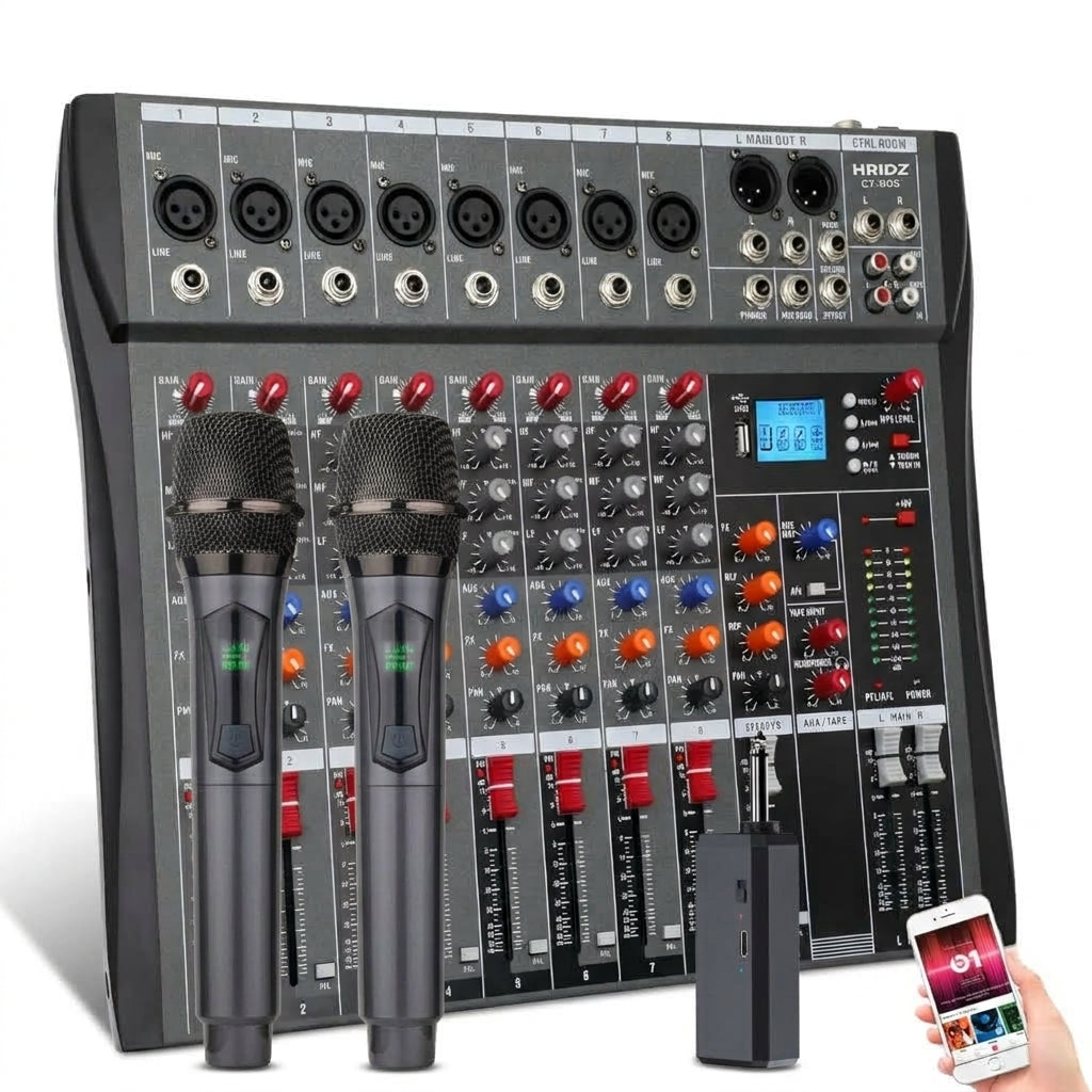 Hridz CT-80S 8 Channel Audio Mixer & U8 Dual 2.4GHz Wireless Microphone Karaoke Bundle