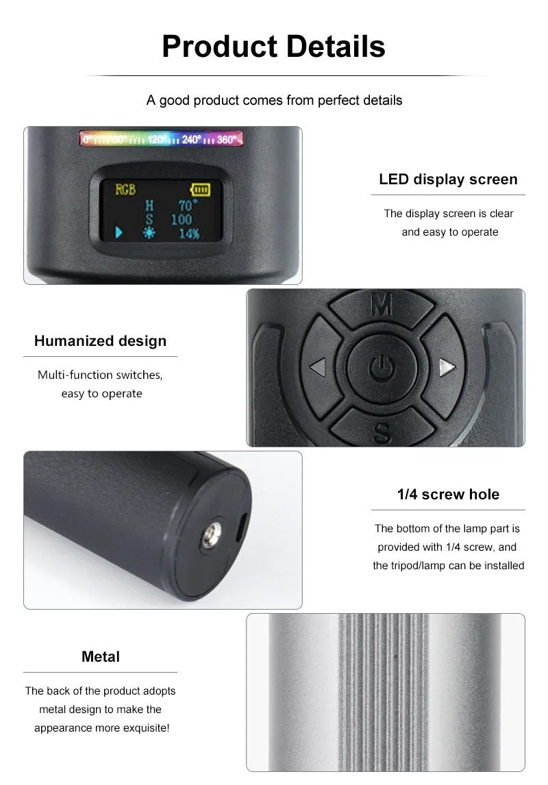 HRIDZ W270RGB 50cm Handheld RGB LED Stick Light – 20W Photography Video Tube Light, 2500K-9000K, Rechargeable Battery