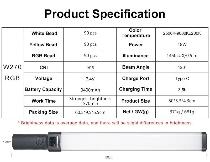HRIDZ W270RGB 50cm Handheld RGB LED Stick Light – 20W Photography Video Tube Light with 2500K-9000K Adjustable Color Temperature &amp; Rechargeable Battery