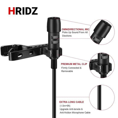 Hridz 10m Extended Lavalier Microphone – Clip-On Mic for Live Broadcasting, Phone & DSLR